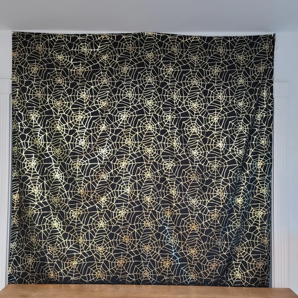 Spider web metallic gold & black shower curtain.used as a backdrop halloween